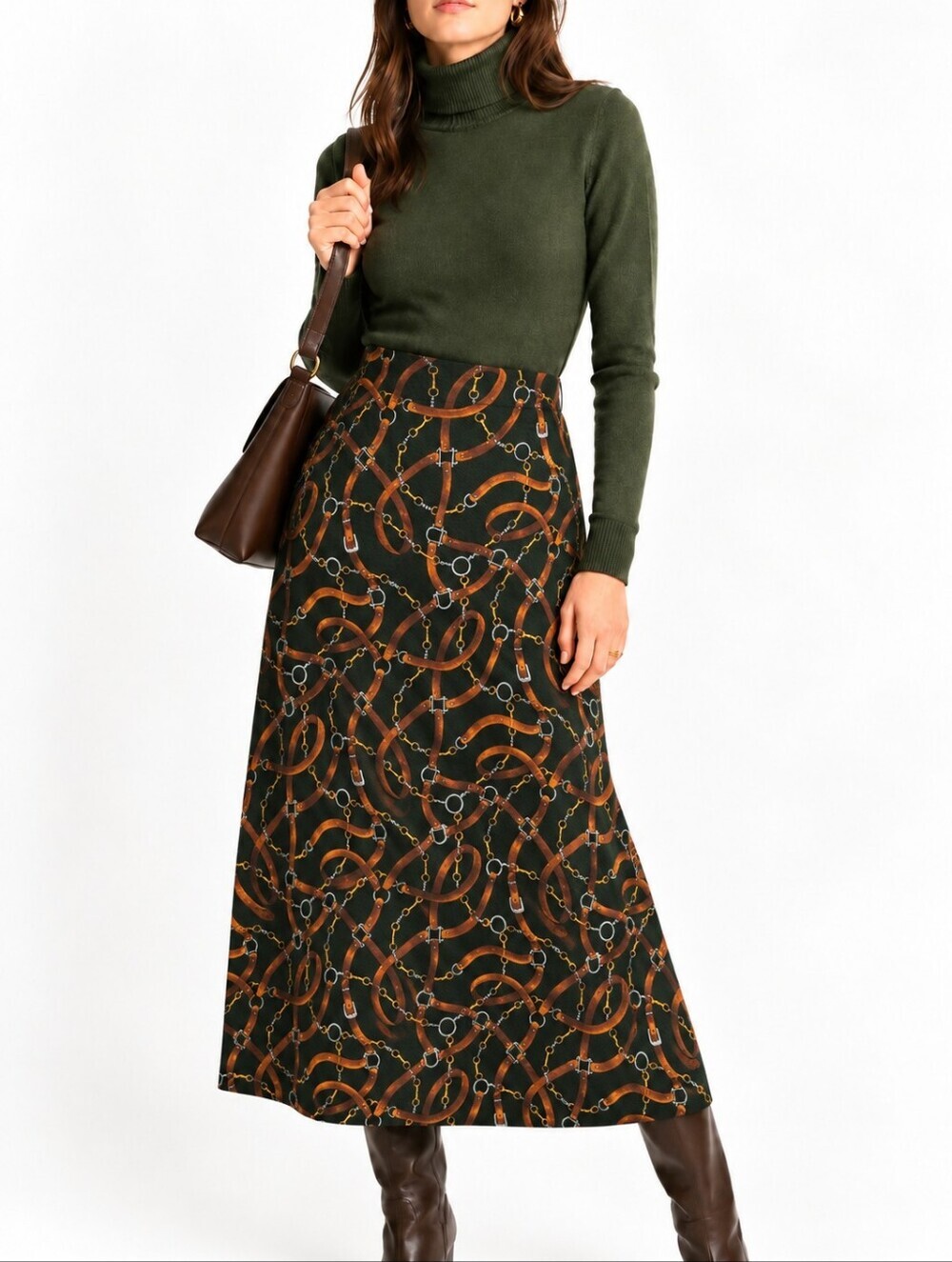 Vintage Equestrian Bridle Midi Skirt Dark Academia Old Money Size S